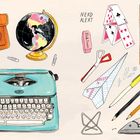 Texte: "NERD ALERT", "pink eraser", "perfect My Library TITLE AUTHOR". Illustration mit Schreibmaschine, Globus, Tasche.