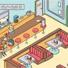 "In the Early Bird Diner, Willa and Wade were eating toast and reading the morning news." Diner mit Figurentieren.