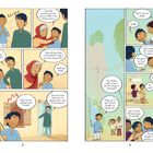 Textpassagen: "Happy Ganesh Chaturthi, Daadi." "May God protect you from every trouble in the foreign country." "Where are you going?" "Canada!" "Hey, Siddhu, want to go to the fair and get a malai gola?" Illustration mit Menschen in Gesprächen, Innen- und Außendarstellung.