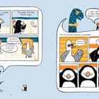 "Once upon a time, a puffin went on vacation..." Zwei Freunde, ein Papageientaucher und eine Möwe, freuen sich am Strand.