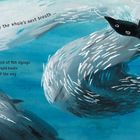Text: „with fifteen minutes left before the whale's next breath... a school of fish zigzags with rapid beats out of the way.“ 

Illustration: Ein Wal und ein Schwarm Fische im blauen Wasser.