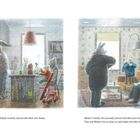 Links: Familie von Tom in ihrer neuen Küche. Rechts: Familie von Momo im Wohnzimmer. Illustration zeigt Tiere als Menschen.