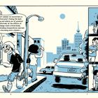 Text: „... the hottest summer on record here in Petrovile... lack of rain are becoming more common…” Illustration einer Stadt. Eine Person mit Ventilator, Pflanzen, ein Eisstand.