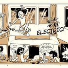 Eine fröhliche Person springt auf einem Bett. Text: "Your love is ELECTRIC!" In kleinen Panels: Mikrowelle zählt ab. "BZZZT!".