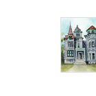 Eine detailreiche Illustration eines alten, verzierten Hauses mit Türmchen und großen Fenstern.