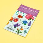 Oben steht "BEAUTIFUL BLOOMS", darunter bunte Blumenillustrationen, benannt wie "Dandelion" und "Hydrangea".