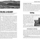 Texte: 
"Stirling & Nearby", "Planning Your Time", "Orientation to Stirling". 

Es handelt sich um eine Buchseite mit Text über die Stadt Stirling in Schottland, einschließlich Sehenswürdigkeiten und historischer Informationen. Oben links ist eine kleine Karte. Links steht viel Text zu Geschichte und Attraktionen, rechts werden praktische Tipps für Reisende gegeben.