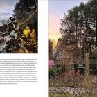 Links: „The short daylength and bitter cold...“. Rechts: Winterliches Gartenhaus im Schnee, beleuchtet und von Bäumen umgeben.