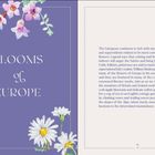 "Blooms of Europe". Links Blumenillustrationen: lila Glockenblumen, rosafarbene Blüten, weiße Margeriten. Rechts Text über Mythen.