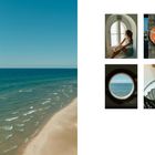 Kein Text. Links Sandstrand und Meer, rechts vier Bilder: Frau am Fenster, Rettungsring, Meer durch Bullauge, Wendeltreppe.