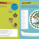 „Coat of Arms Mix-Up“ und „Motto Math“ sind die Titel. Es gibt verschiedene Wappen und Flaggen mit Texten, die Informationen über die Herkunft und Bedeutung dieser Symbole geben. Ein mathematisches Rätsel entschlüsselt das Motto von Belize.
