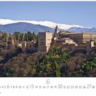 Granada, Alhambra. Monat 6. Kalender mit einer Ansicht der Alhambra vor schneebedeckten Bergen und üppiger Vegetation.