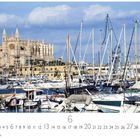 Text: "Palma de Mallorca". Zahl 6 und Kalendarium. 

Im Hintergrund eine gotische Kathedrale, vorne Boote im Hafen.