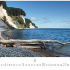 "National Park Jasmund, Rügen." Steilküsten mit Wald, blauer Himmel, Meer im Vordergrund, Treibholz am steinigen Ufer.