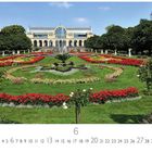 "Flora". Zahl 6 groß dargestellt. Kalender mit schönen Blumenbeeten vor einem historischen Gewächshaus.