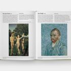 Links: "Van der Goes Hugo - The Fall of Man", rechts: Selbstporträt von Van Gogh. Beide Gemälde in einem Buch.