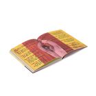 Handgeschriebene Notizen auf gelbem Hintergrund, mit einer Abbildung einer Person in der Mitte des Hefts.