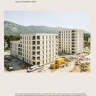 Social housing in Plan-les-Ouates, Schweiz, 68 Einheiten, Architekt: Atelier Archiplein. Bild zeigt neue Gebäude vor Bergen.