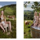 Links eine Frau mit Zicklein in einer grünen Wiese. Rechts drei Frauen im Badezuber, umgeben von Kühen.