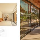 Links: "Lorem ipsum dolor sit amet"  
Rechts: "At vero eos et accusam et consectetur adipiscing elit, sed diam"  
Ein modernes, hölzernes Wohnzimmer mit großen Fenstern.