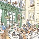 Text des Bildes: "The Setter Pub". Illustration eines Pubs mit vielen Hunden draußen und Menschen, die drinnen Getränke genießen.