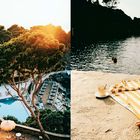 Links ein Swimmingpool mit Liegen, Bäumen, Sonnenschirmen. Rechts eine Person im Wasser, Handtuch, Tasse am Ufer.