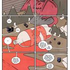 Mehrere Comic-Panels zeigen einen großen rosa Drachen in einem Zimmer mit umgestürzten Flaschen und Spielfiguren.