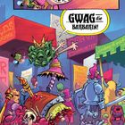 Comic-Stil. Text: "LARRY, D...D... DAS IST ... GWAG die BARBARIN!" Chaotische Szene mit monströsem Geschöpf.