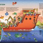 "IN DEN FISCHERNETZEN" beschreibt Fischfang und Aquakulturen. Illustration mit Schiff, Fischern, Netzen und bunten Vögeln.