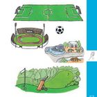 "63" und ein Tennis-Symbol rechts unten. Skizzen von Fußballplatz, Stadion, Zoo-Gehege und Golfplatz mit Ausrüstung.