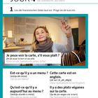 Texte: "Jour 4, la carte, le menu," und verschiedene Sätze zum Thema Speisekarte. Darunter ist ein Foto einer Frau.