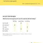 Gelb: "gelangweilt – Die Familie ist gelangweilt." Tabelle verbindet Begriffe wie Brush und Pan mit Hobbies: Skifahre, Malen.