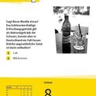 Text: "Sagt Ihnen Rivella etwas?...Welche ungewöhnliche Zutat ist darin enthalten?" Optionen: 1. Lab, 2. Milchserum. Datum: 8. Januar, Freitag. Oben links ein gelbes Feld mit "KULINARISCHES" und einem Logo. Rechts ein Getränk mit Eiswürfeln. Darunter ein Kalender.