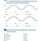 "Aussehen. 1. Verbformen von être/avoir suchen, 2. Gegensätze finden: z.B. groß-klein. Aufgaben mit Wortschlangen."