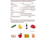 Lektion 10: Übung mit Präteritum. Bilder von Lebensmitteln: Gurke, Käse, Wein, Fleisch, Knoblauch, Apfel, Orange, Zwiebel.