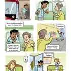 Oberer Text: "Excuse me. I was looking for a café near The Tower...", "Say what now? A flower café?...". Junge fragt nach Caféweg.