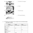 Texte: Ordnen Sie die Sätze den Fotos zu. Ergänzen Sie die Tabelle.   
Bilder: Eine Frau unter Regenschirm, jemand trinkt Wasser, Schneiden von Gemüse, Berglandschaft.