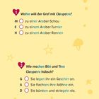 Text: "Hufeisen-Quiz", Fragen über den Grafen, Cleopatra, Bibi und Tina. Illustriert mit Hufeisen, Sternen und Helm.