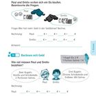 Seite 69: In der Eisdiele. Paul und Emilio wollen Eis kaufen. Aufgabe: Geld zählt. Seite 70: Rechnungen fürs Eis. Preise: 1 Kugel 2 €, Sahne 1 €.
