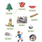 "Was reimt sich? Verbinde immer zwei Reimwörter." Illustrationen von: Tanne, Kanne, Mund, Hund, Bett, Brett, Bein, Stein, Maus, Haus.