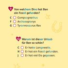 Quizfragen auf gelbem Hintergrund mit Sternen und einem Hufeisen. Zwei Fragen mit Auswahlmöglichkeiten C, F, G und C, H, J.