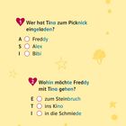Hufeisen-Quiz. Frage 1: Wer hat Tina eingeladen? A. Freddy, S. Alex, I. Bibi. Frage 2: Wohin mit Freddy? E. Steinbruch, T. Kino, I. Schmiede.