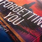 Text: "FORGETTING YOU" und "Hunters" auf einem Buchcover. Hintergrund: Skyline bei Sonnenuntergang.