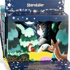 Sterntaler. Eine Illustration mit Bäumen, einem Mädchen in Weiß und Tieren im Wald.