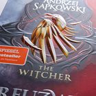 Text: "ANDRZEJ SAPKOWSKI", "THE WITCHER", "SPIEGEL Bestseller". Ein metallischer Vogel in Relief auf rotem Hintergrund.