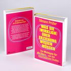 Zwei pinke Buchcover mit gelbem Text: "Was Sie (wirklich) über Erziehung wissen müssen". Links Beschreibung, rechts Cover.