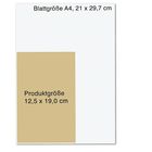 Oben steht "Blattgröße A4, 21 x 29,7 cm". Unten links ein beiger Kasten: "Produktgröße 12,5 x 19,0 cm".