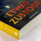 „ETWAS ZUSTÖßT“, „THRILLER“, „GOLDMANN“, „ALEX FINALY“. Ein Buchcover mit einem Haus bei Nacht.