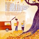 Ein Text beschreibt Gedanken über Tod, Neugier und Hoffnung. Illustration: Zwei Personen räumen Kartons aus einem roten Auto, umgeben von herbstlichen Bäumen.