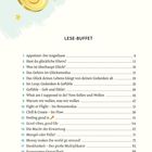 Titel "LESE-BUFFET". Liste von 18 Themen mit Seitenzahlen. Goldmedaille mit rotem Band und Smiley, drei Sterne.